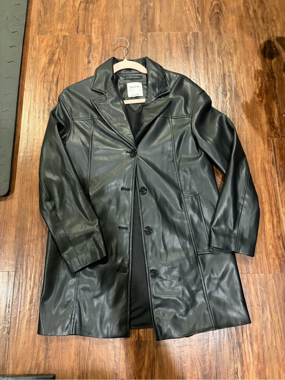 Bershka Black Faux Leather Button-Front Trench
